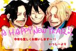  2015 3boys black_hair blonde_hair brothers male_focus monkey_d_luffy multiple_boys new_year one_piece portgas_d_ace sabo_(one_piece) scar siblings smile 