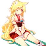  animal_ear_fluff animal_ears bad_id bad_pixiv_id blush fox_ears futaba_akane long_hair lowres naomi_(sekai_no_hate_no_kissaten) one_eye_closed original simple_background sitting skirt smile solo very_long_hair white_background 