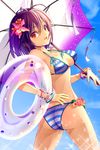  ass bangs bare_arms bare_shoulders bikini breasts cleavage cowboy_shot day flower from_behind hair_between_eyes hair_flower hair_ornament hibiscus innertube looking_at_viewer looking_back medium_breasts mimika_(puetilun) orchid original purple_hair red_eyes short_hair solo striped striped_bikini swimsuit umbrella 