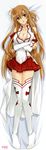  absurdres asuna_(sao) bed_sheet breasts brown_eyes brown_hair cleavage dakimakura detached_sleeves highres huge_filesize kanna_(plum) large_breasts long_hair long_legs lying on_back open_clothes open_shirt shirt skirt solo sword_art_online thighhighs uniform white_legwear 