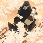  1girl age_difference anne_of_green_gables anne_shirley arumei_(arumeisakufan) bag carriage flower from_above hands_clasped hat looking_up lowres matthew_cuthbert official_style old_man own_hands_together world_masterpiece_theater 