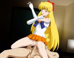  1boy 1girl aino_minako bishoujo_senshi_sailor_moon blonde_hair blush censored character_request choker circle_anco clothed_female_nude_male elbow_gloves girl_on_top gloves hetero highres magical_girl no_panties pointless_censoring reverse_cowgirl_position sailor_venus sex skirt_lift smile solo_focus straddling tiara vaginal wink 