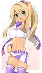  alessandra_susu alternate_hairstyle arm_up armpits bad_id bad_pixiv_id belt blonde_hair blue_eyes blush bow breasts cheerleader cocoro_magical heart heart-shaped_pupils large_breasts long_hair looking_at_viewer midriff navel nekoume open_mouth ponytail purple_legwear ribbon skirt skirt_lift smile solo sweat symbol-shaped_pupils thighhighs tokyo_7th_sisters 