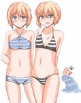  arms_behind_back bikini blonde_hair blue_eyes bob_cut charlotte_e_yeager collarbone erica_hartmann failure francesca_lucchini glasses hakusen-hiki multiple_girls navel open_mouth short_hair siblings simple_background sisters smile strike_witches striped striped_bikini surfboard surfing swimsuit twins ursula_hartmann water waves white_background world_witches_series 
