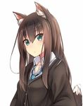  animal_ear_fluff animal_ears blue_eyes blush brown_cardigan brown_hair cardigan commentary_request dog_ears dog_tail highres hiiragi_hajime idolmaster idolmaster_cinderella_girls kemonomimi_mode long_hair long_sleeves looking_at_viewer loose_necktie necktie school_uniform shibuya_rin simple_background solo tail tail_wagging white_background 