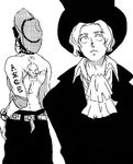  2boys belt bracelet brothers cravat hat jewelry jolly_roger lowres male_focus monochrome multiple_boys necklace one_piece portgas_d_ace sabo_(one_piece) siblings tattoo top_hat topless 