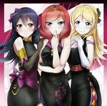  ayase_eli black_gloves blonde_hair blue_eyes blue_hair blush brown_eyes elbow_gloves finger_to_mouth gloves hand_on_another's_shoulder highres long_hair looking_at_viewer love_live! love_live!_school_idol_project multiple_girls nishikino_maki purple_eyes red_hair shiimai short_hair sleeveless smile soldier_game sonoda_umi tiara 