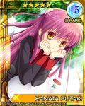  brown_eyes card_(medium) character_name cup dutch_angle futaki_kanata hamada_mari hands_on_own_face little_busters! long_hair purple_hair school_uniform side_ponytail solo 