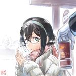  black_hair can canned_coffee glasses green_eyes hairband kantai_collection long_hair nogiguchi_kohiro ooyodo_(kantai_collection) scarf steam twitter_username winter winter_clothes 
