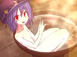  :d bowl flat_chest in_bowl in_container kuresento looking_at_viewer no_nipples nude object_on_head open_mouth purple_hair red_eyes short_hair sitting smile solo steepled_fingers sukuna_shinmyoumaru touhou wet 