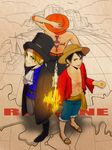  3boys belt boots brothers coat cravat hat jolly_roger long_sleeves male_focus monkey_d_luffy multiple_boys one_piece open_shirt pirate portgas_d_ace sabo_(one_piece) sandals sash scar shirt shorts siblings straw_hat tattoo time_paradox top_hat topless trio 