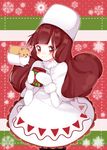 bangs blunt_bangs blush brown_hair capelet cocoa_cookie cookie_run cup dress food gloves hamster hat highres long_hair marshmallow marshmallow_hamster mug personification red_eyes smile snowflake_print snowflakes solo tear_(0614) white_dress white_gloves 