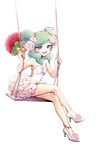  anklet aqua_hair bad_id bad_pixiv_id bare_legs bare_shoulders beta_(inazuma_eleven) bloom bouquet crossed_legs dress flower full_body gz_(gzxd) hair_flower hair_ornament high_heels inazuma_eleven_(series) inazuma_eleven_go inazuma_eleven_go_chrono_stone jewelry long_hair no_pupils open_mouth purple_eyes simple_background sitting solo strapless strapless_dress swing white_background 