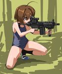  ahoge aiming bad_id bad_pixiv_id battle_rifle brown_eyes brown_hair finger_on_trigger gun h&amp;k_g3 holding holding_gun holding_weapon one-piece_swimsuit one_knee original rifle rohitsuka school_swimsuit shoes short_hair socks solo swimsuit uwabaki weapon 
