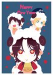  2015 3boys bell blonde_hair brothers brown_hair chibi collar freckles horns monkey_d_luffy multiple_boys new_year one_piece portgas_d_ace sabo sabo_(one_piece) sheep siblings trio 
