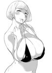  bad_id bad_twitter_id bikini breasts cleavage greyscale highres huge_breasts lips looking_at_viewer mario_(mario_portal) monochrome mouth_hold navel short_hair simple_background smile solo swimsuit white_background 