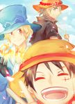  3boys black_hair blonde_hair brothers fire hat male_focus monkey_d_luffy multiple_boys one_piece portgas_d_ace sabo_(one_piece) scar siblings smile top_hat 