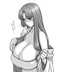  1girl bare_shoulders blush breasts cleavage collarbone dress female huge_breasts kantai_collection long_hair magaki_ryouta monochrome shouhou_(kantai_collection) simple_background solo standing translated tube_top tubetop upper_body white_background 