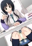  black_hair breasts green_eyes large_breasts layered_sleeves necktie p-chan_(mitsuta52) panties pantyshot pantyshot_(sitting) shirobako sitting smile solo twintails underwear yasuhara_ema 