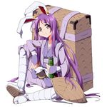  animal_ears backpack bag bandages bunny_ears bwell forbidden_scrollery hat hat_removed headwear_removed japanese_clothes kimono long_hair long_sleeves pink_eyes purple_hair reisen_udongein_inaba sash sitting solo touhou very_long_hair yukata 