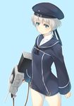  aa_gun amagi_(game-master) blue_background blue_eyes blush clothes_writing cowboy_shot hat holding kantai_collection long_sleeves military military_uniform sailor_collar sailor_hat short_hair silver_hair simple_background smile solo turret uniform z1_leberecht_maass_(kantai_collection) 