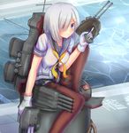  blue_eyes breasts em_s gloves hair_ornament hair_over_one_eye hairclip hamakaze_(kantai_collection) kantai_collection large_breasts miniskirt pantyhose school_uniform serafuku short_hair short_sleeves silver_hair skirt solo weapon 