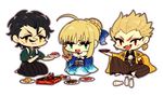  2boys artoria_pendragon_(all) black_hair blonde_hair chibi chopsticks fate/zero fate_(series) food gilgamesh hair_slicked_back japanese_clothes kimono lancer_(fate/zero) multiple_boys saber suzuki_(gmbk) 