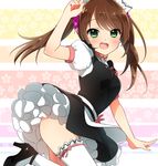  bangs blush breasts brown_hair crossdressing frills green_eyes highres idolmaster idolmaster_side-m long_hair maid maid_headdress male_focus medium_breasts mizushima_saki open_mouth otoko_no_ko petticoat puffy_short_sleeves puffy_sleeves saito_katuo short_sleeves smile solo swept_bangs thighhighs twintails v 