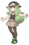  blue_(pokemon) commentary_request fusion green_eyes green_hair hanomido hat long_hair midriff n_(pokemon) navel outstretched_arms pantyhose parted_lips pokemon pokemon_(game) pokemon_bw pokemon_frlg simple_background skirt smile solo standing white_background wristband 