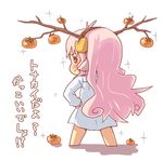  antlers artist_request barefoot blush character_request commentary_request fake_antlers food from_behind fruit hand_on_hip hands_on_hips horns long_hair original persimmon pink_eyes pink_hair shadow smile solo sparkle standing translation_request 