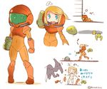  /\/\/\ 1girl adapted_costume arm_cannon artist_name blonde_hair blue_eyes clenched_hand commentary_request directional_arrow hanomido helmet metroid metroid_(creature) motion_lines musical_note navel open_mouth pigeon-toed ponytail ridley samus_aran standing sweatdrop translation_request twitter_username underwear weapon 