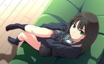  blush brown_hair cardigan chair full_body green_eyes haniwa_(leaf_garden) idolmaster idolmaster_cinderella_girls long_hair looking_at_viewer necktie school_uniform shibuya_rin sitting skirt solo 