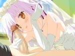  blush bow bridal_veil censored cum elbow_gloves fellatio flower gloves handjob headdress hoshizora_no_memoria necklace open_mouth oral orange_eyes ototsu_yume penis purple_hair shida_kazuhiro veil wedding_attire 