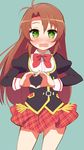  9law aikatsu! aikatsu!_(series) blush bow brown_hair green_eyes heart heart_hands highres koshigaya_komari long_hair looking_at_viewer non_non_biyori open_mouth simple_background skirt solo 