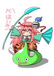  ahoge check_translation chibi dragon_quest fan hata_no_kokoro highres long_hair naginata parody pink_eyes pink_hair polearm rindou_(p41neko) slime_knight solo touhou translated translation_request weapon white_background 