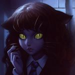  animal_ears cat_ears dark harry_potter hermione_granger hogwarts_school_uniform ilya_kuvshinov kemonomimi_mode lips necktie portrait robe school_uniform slit_pupils solo whiskers yellow_eyes yellow_sclera 