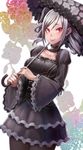  black_dress choker collarbone cowboy_shot dress drill_hair dutch_angle frills gothic_lolita hair_ribbon highres idolmaster idolmaster_cinderella_girls kanzaki_ranko lolita_fashion long_hair looking_at_viewer red_eyes ribbon shizuru_(daikoukaizidai) short_hair silver_hair smile solo twintails umbrella 