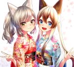  2girls :3 :d animal_ear_fluff animal_ears bangs blonde_hair blue_eyes blue_kimono blurry cat_ears closed_mouth commentary_request eyebrows_visible_through_hair floral_background floral_print hair_between_eyes hand_up head_tilt highres japanese_clothes kimono long_hair looking_at_viewer multiple_girls obi open_mouth orange_kimono original print_kimono rukinya_(nyanko_mogumogu) sash sidelocks silver_hair smile twintails upper_body upper_teeth v white_background yellow_eyes 