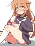  9law blush brown_eyes brown_hair glasses handheld_game_console highres kantai_collection long_hair mochizuki_(kantai_collection) panties pantyshot pantyshot_(sitting) playing_games semi-rimless_eyewear simple_background sitting skirt solo under-rim_eyewear underwear white_background white_panties 