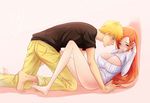  1boy 1girl 57_(lme_piggy117) all_fours bleach blush breasts cleavage erect_nipples huge_breasts inoue_orihime kurosaki_ichigo leaning_back long_hair open-chest_sweater orange_hair ribbed_sweater short_hair sitting sweater thighs 