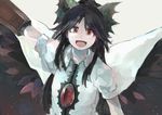  arm_cannon arm_up black_hair black_wings cape hair_ornament hair_ribbon ichiba_youichi long_hair looking_at_viewer open_mouth outstretched_arm puffy_sleeves red_eyes reiuji_utsuho ribbon shirt short_sleeves simple_background smile solo third_eye touhou upper_body weapon wings 