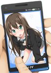  all_fours blush brown_hair cardigan cellphone green_eyes idolmaster idolmaster_cinderella_girls jewelry long_hair looking_at_viewer necklace necktie nora_shinji open_mouth phone school_uniform shibuya_rin skirt sleeves_past_wrists smartphone solo 