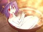  :d bowl flat_chest in_bowl in_container kuresento looking_at_viewer no_nipples nude object_on_head open_mouth purple_hair red_eyes short_hair sitting smile solo steepled_fingers sukuna_shinmyoumaru touhou wet 