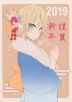  1girl 2019 aegis_(takunomi) blonde_hair blue_kimono charm_(object) commentary_request elf eyebrows_visible_through_hair eyes_closed flower from_side fur_collar green_eyes hair_flower hair_ornament hair_up hands_together highres japanese_clothes kimono looking_at_viewer new_year original pointy_ears simple_background smile solo takunomi unmoving_pattern 
