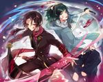  back-to-back battle blood blue_eyes earrings green_hair hakama haori highres japanese_clothes jewelry kairi_(kai_ri) kashuu_kiyomitsu katana long_hair male_focus mole mole_under_eye mole_under_mouth multiple_boys nail_polish purple_hair red_eyes red_nails red_scarf scarf shinsengumi sword touken_ranbu weapon white_scarf yamato-no-kami_yasusada 