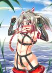  bdsm blush bondage_outfit breasts brown_eyes brown_hair collar elbow_gloves fingerless_gloves gloves harness headband highres kantai_collection kousoku leash long_hair navel nipples open_mouth ponytail slave small_breasts solo water zuihou_(kantai_collection) 