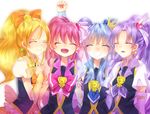  aino_megumi blonde_hair blue_hair bow choker closed_eyes crown cure_fortune cure_honey cure_lovely cure_princess doroshii earrings hair_ornament happinesscharge_precure! heart heart_hair_ornament hikawa_iona jewelry long_hair magical_girl multiple_girls oomori_yuuko open_mouth pink_bow pink_hair ponytail precure purple_hair ribbon shirayuki_hime skirt smile twintails wrist_cuffs 