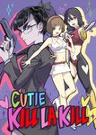  aki_natsuko aki_natsuko_(cosplay) bespectacled black_hair brown_hair choker cosom cosplay cutie_honey cutie_honey_(character) cutie_honey_(character)_(cosplay) food glasses gun hairband handgun kill_la_kill kiryuuin_satsuki kisaragi_honey kisaragi_honey_(cosplay) mankanshoku_mako matoi_ryuuko midriff multiple_girls navel onigiri ponytail re:_cutie_honey skirt sword weapon 