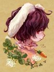  animal_ears black_hair bunny_ears carrot carrot_necklace chabi_(amedama) closed_mouth clover clover_(flower) dated flower four-leaf_clover from_side inaba_tewi jewelry pendant portrait profile red_eyes sepia_background short_hair smile solo touhou 