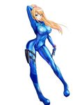  aegis_(nerocc) arm_behind_head arm_up bangs blonde_hair blue_eyes bodysuit boots bracelet breasts contrapposto covered_navel floating_hair full_body gloves glowing gun handgun holding holding_weapon holster jewelry large_breasts legs long_hair long_legs looking_at_viewer metroid mole mole_under_mouth parted_lips ponytail samus_aran scrunchie shiny shiny_clothes sidelocks simple_background skin_tight solo standing swept_bangs thigh_holster thigh_strap thighs turtleneck weapon white_background zero_suit 